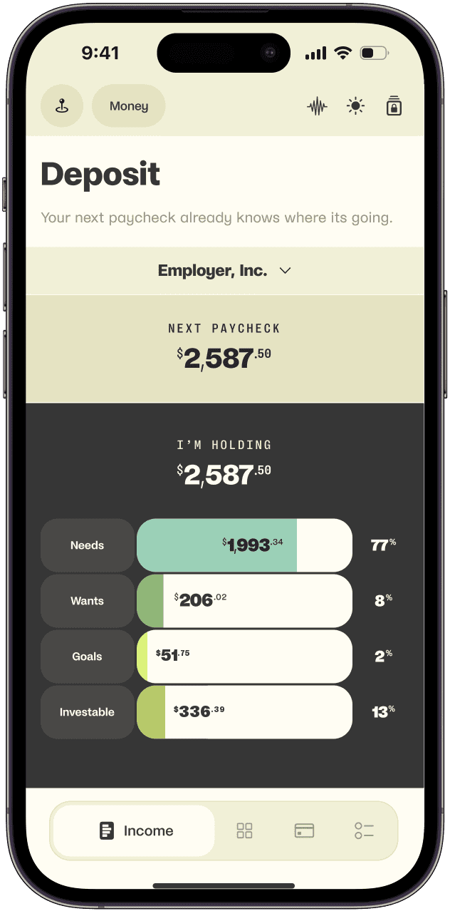 Magnitude phone app showing a paycheck split across Needs, Wants, Goals, and Investable buckets