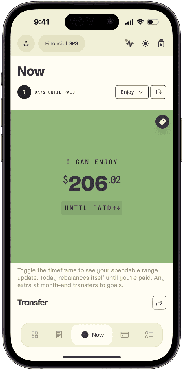 Magnitude phone app showing Now financial GPS view