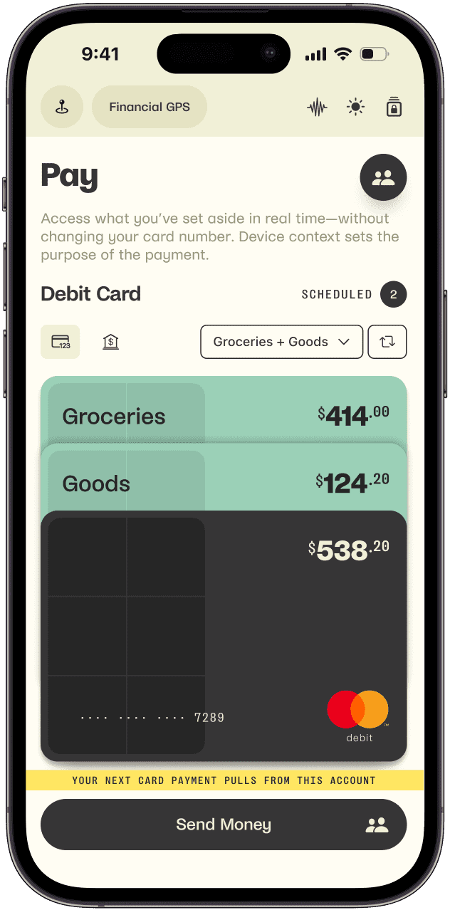 Magnitude phone app showing Pay screen with context-aware accounts