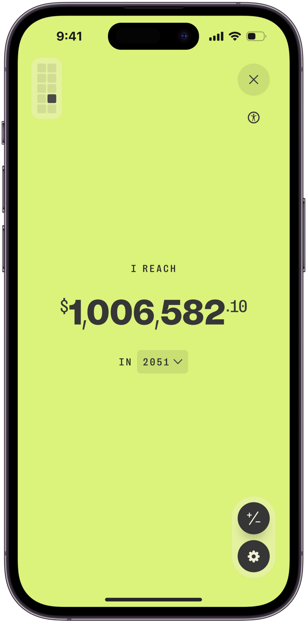 Magnitude phone app showing a savings goal of $1,006,582 reached by 2051
